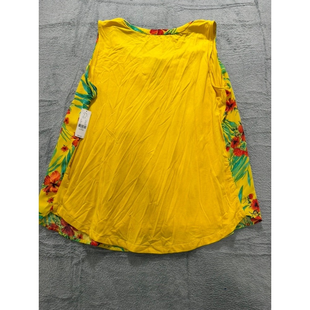 NY&Co Sleeveless Blouse Womens XL Yellow Floral Tropical Tie Neck Lined - Picture 9 of 10